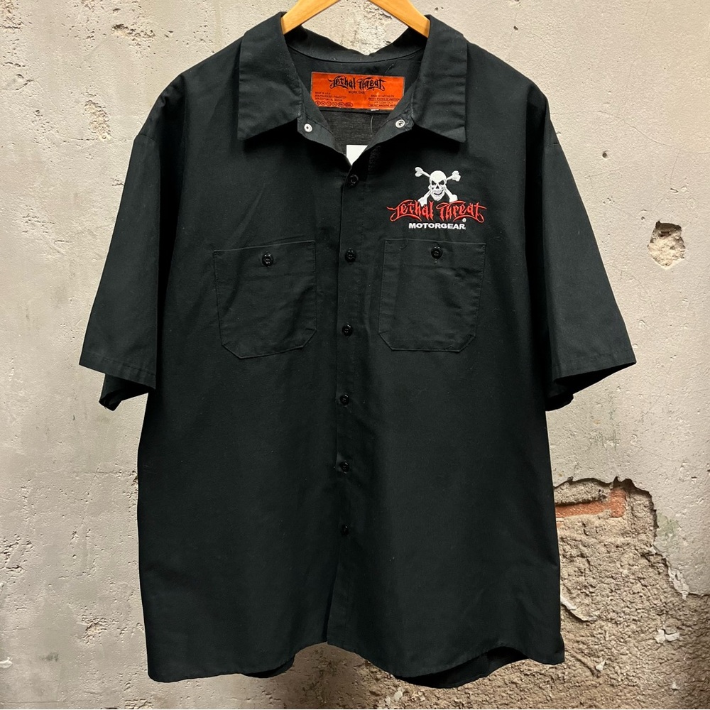 Lethal Threat Work Shirt Button Down Collared Mechanic Skull Embroidered Top 3XL